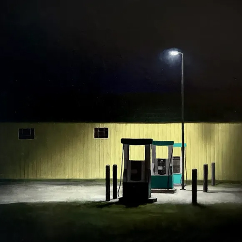 Hana Brock painting of gas station at night